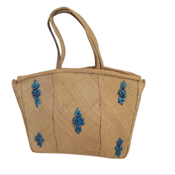 Turquoise Flowers Raffia Straw Handbag Tote Bag - Picture 4 of 4